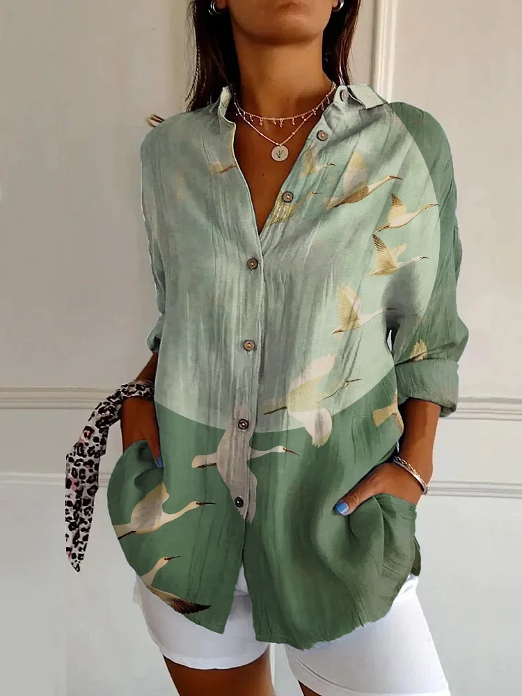 Japanese Classic Art Seagull Print Casual Long Sleeve Shirt