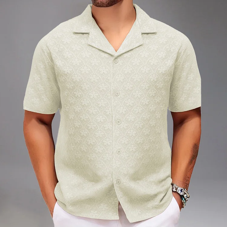 Casual Camp Collar Short Sleeve Button Floral Jacquard Shirt 