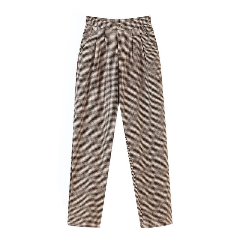 Aachoae Elegant Full Length Plaid Pants Women Pleated Loose Lady Harem Pants Casual Houndstooth Wool Long Trousers Pantalon