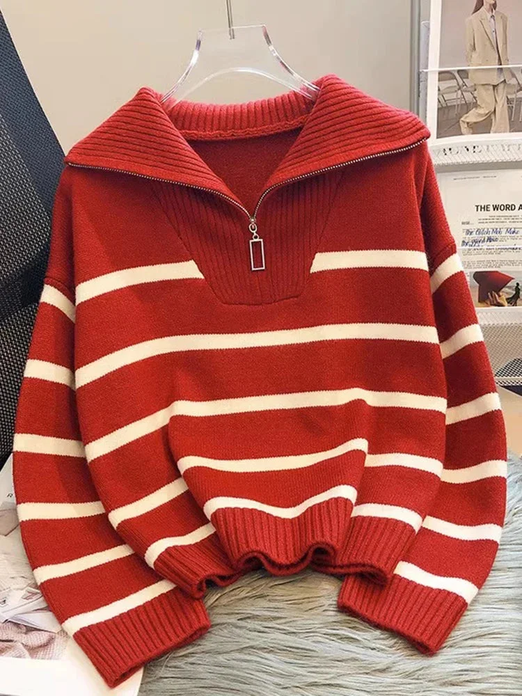 Oocharger Warm Women Sweater Thick Winter Fashion Striped Zipper Jmuper Loose Korean Knitted Female Pullover Blouse