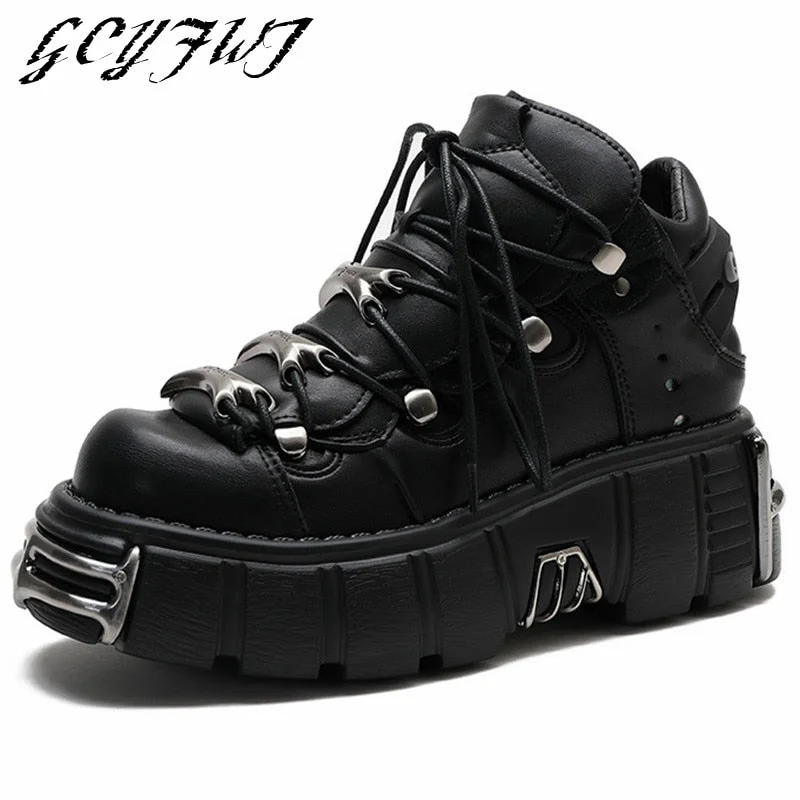 Women Sneakers Heavy Metal Flat Platform High-Top Metal Decoration Women Shoes Lace-Up Punk Gothic Thick Bottom Zapatillas Mujer