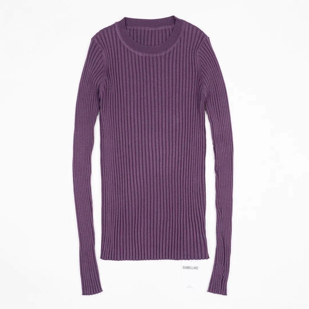 Women Sweater Pullover Basic Ribbed Sweaters Cotton Tops Knitted Solid Crew Neck With Thumb Hole