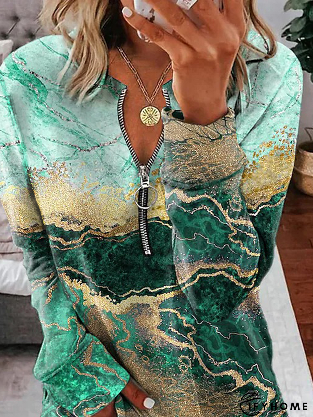 V Neck Casual Long sleeve Zipper Sweatshirt | IFYHOME
