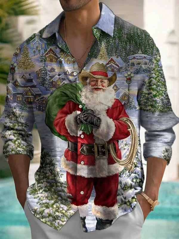 Men's Vintage Christmas Print Long Sleeve Lapel Shirt
