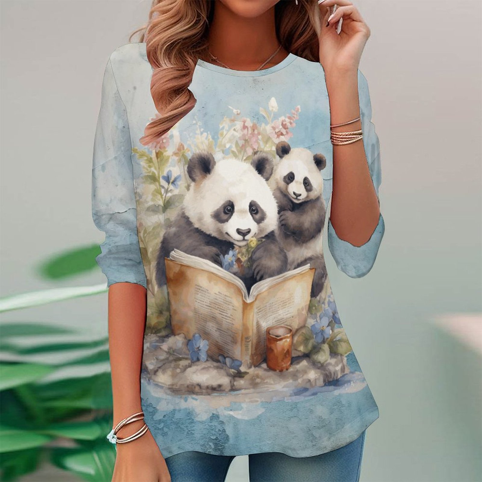 Women Long Sleeve V-neck Graphic Floral Printed Top