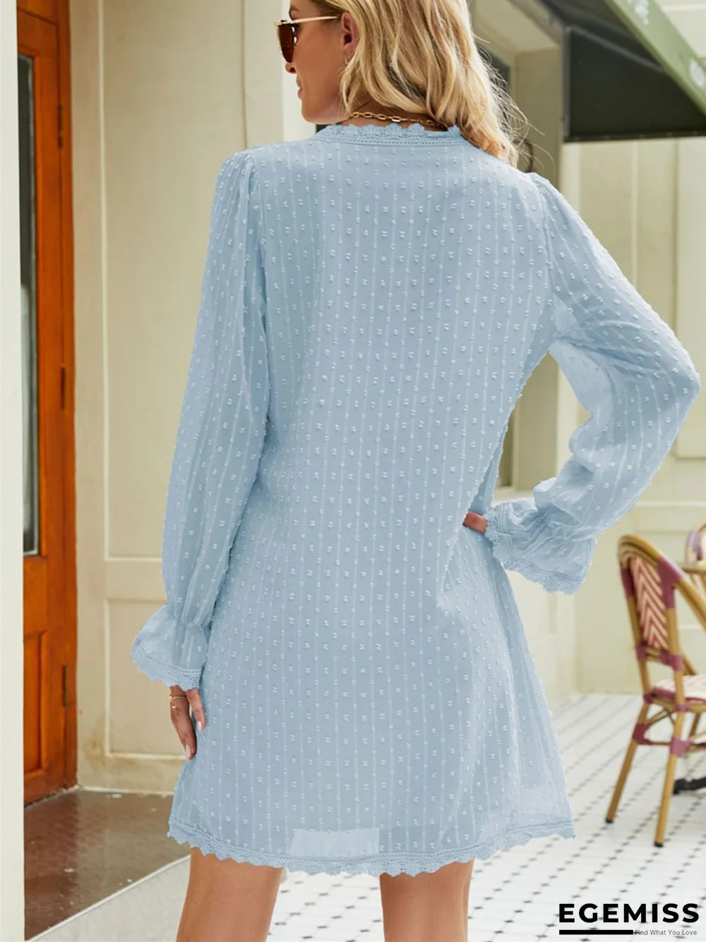 Casual Long Sleeve Solid Color Lace Chiffon V-neck Dress | EGEMISS
