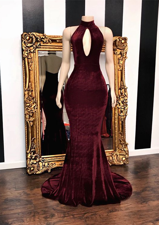 Bellasprom Burgundy Keyhole Prom Dress Mermaid Velvet High Neck Bellasprom