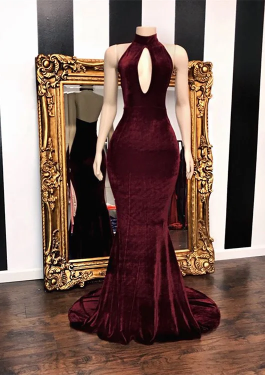 Bellasprom Burgundy Keyhole Prom Dress Mermaid Velvet High Neck
