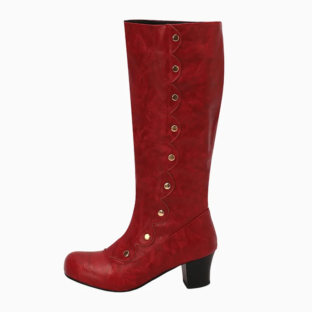 Fashion Red Round Toe Chunky Heel Studded Pull On Knee High Boots