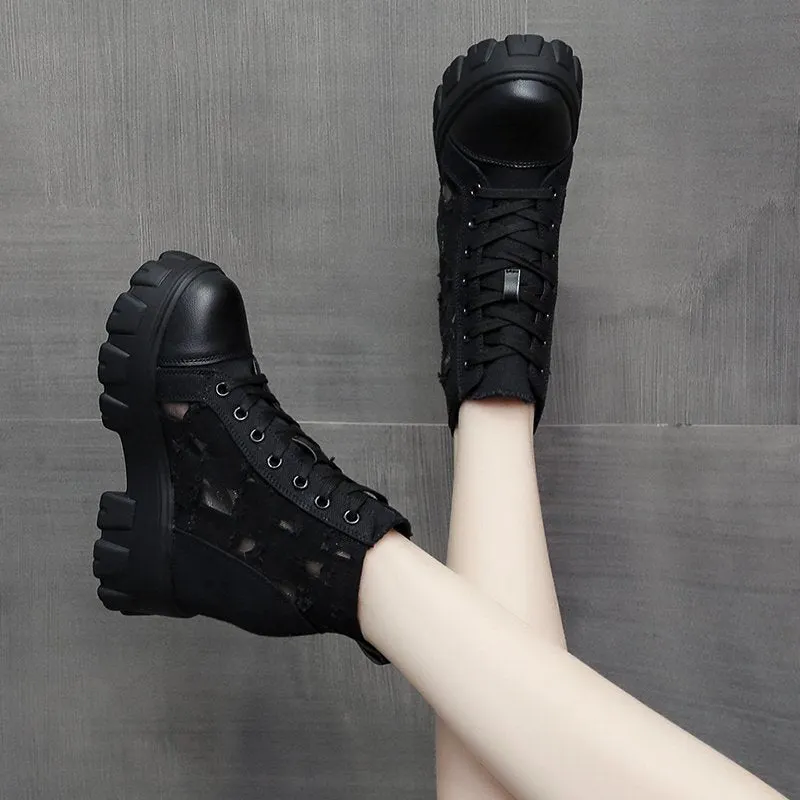 2022 Autumn Hollow Out Canvas Ankle Boots For Women Round Toe Lace Up Hidden Heels Shoes Woman Chunky Platform Booties