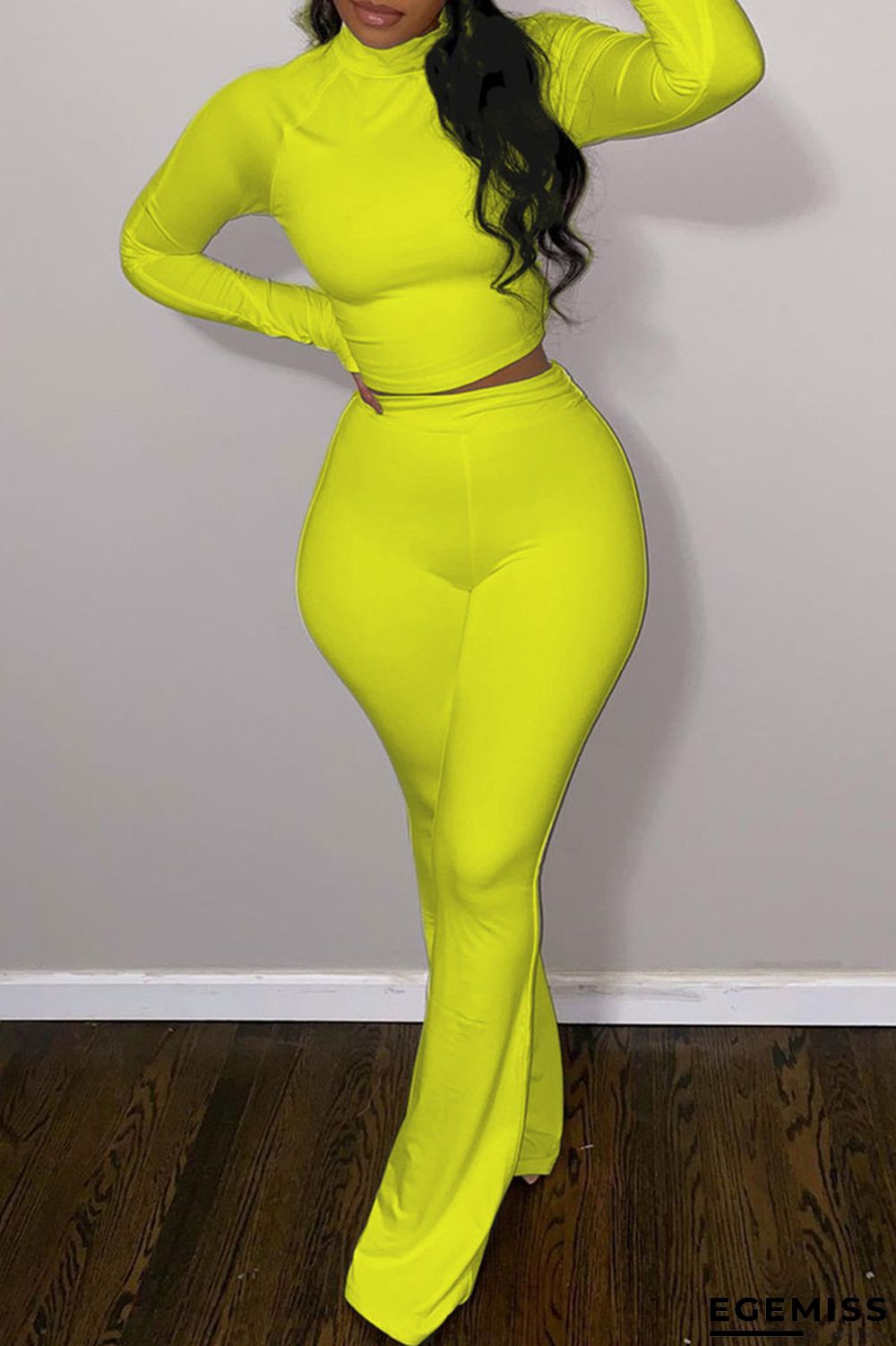 Yellow Fashion Casual Solid Basic Half A Turtleneck Long Sleeve Two Pieces | EGEMISS