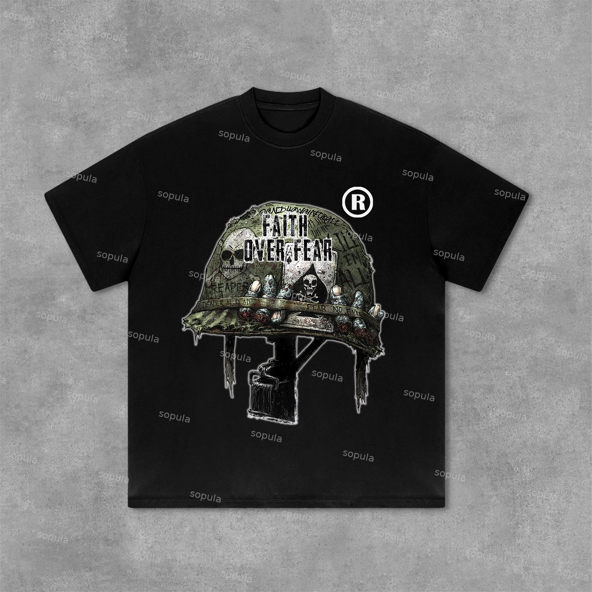 Sopula War Helmet Faith Over Fear Graphic Print Cotton T-Shirt - SOPULA