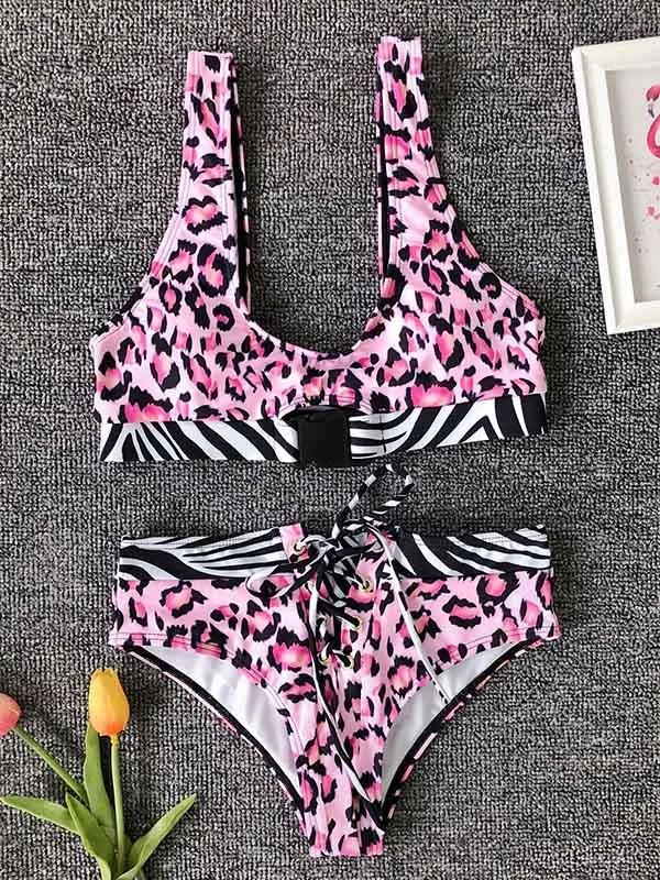 Leopard Print Plug Bandage Split Bikini Swimsuit