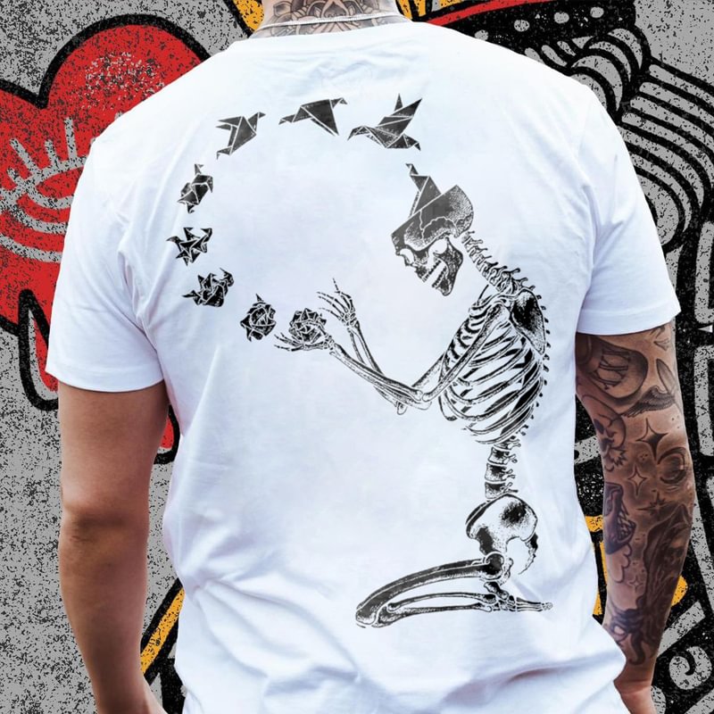 Skeleton And Thousand Paper Cranes Printed Men's T-shirt - Krazyskull