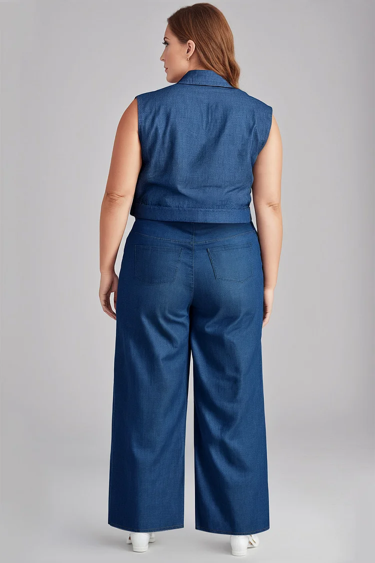 Plus Size Business Casual Blue Casual Shirt Collar Cut Out Pocket Two Piece Pant Sets [Pre-Order]