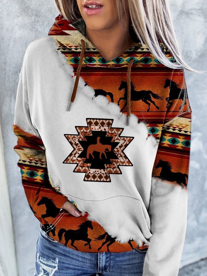 Vintage Western Print Hooded Long Sleeve Sweatshirt