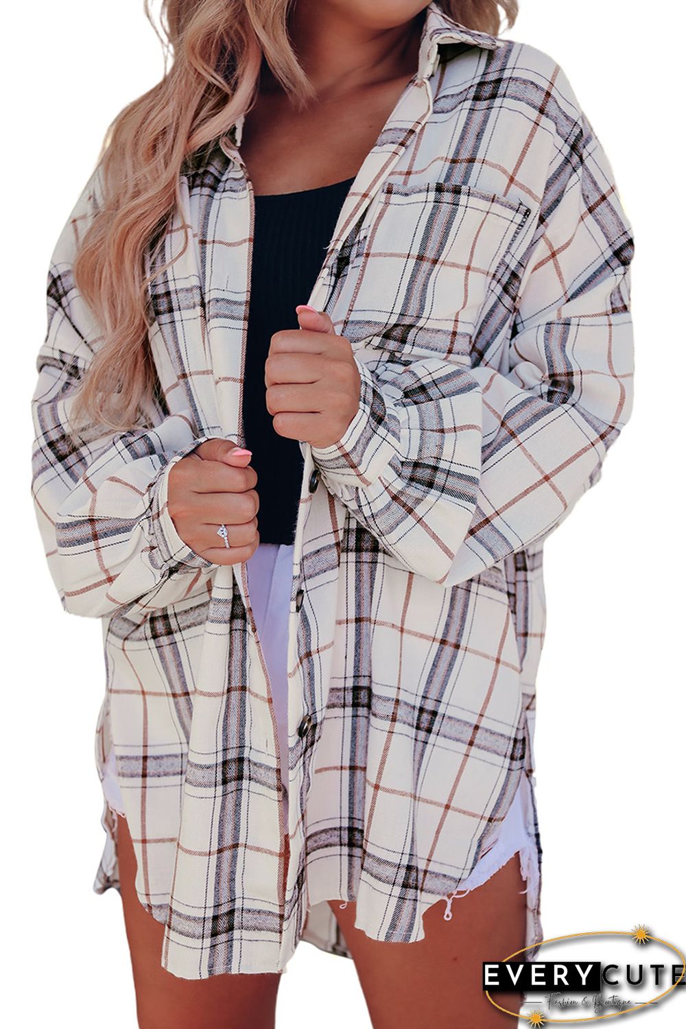 White Oversized Plaid Pattern Shacket with Slits