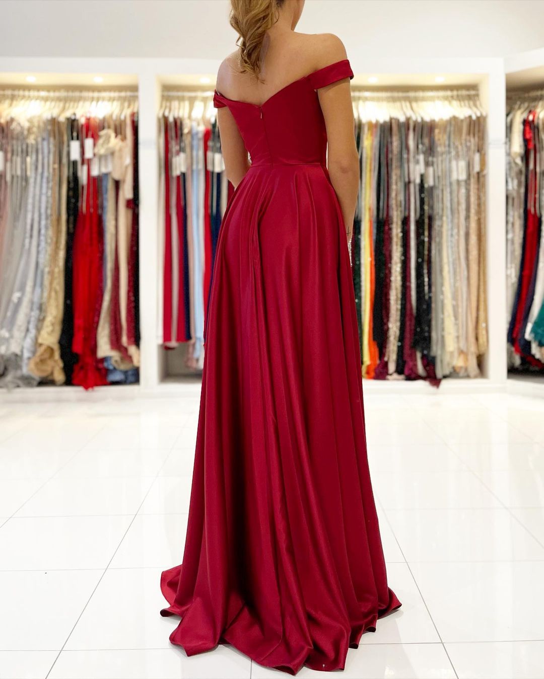 Bellasprom Off The Shoulder Burgundy Long With Slit Prom Dress 