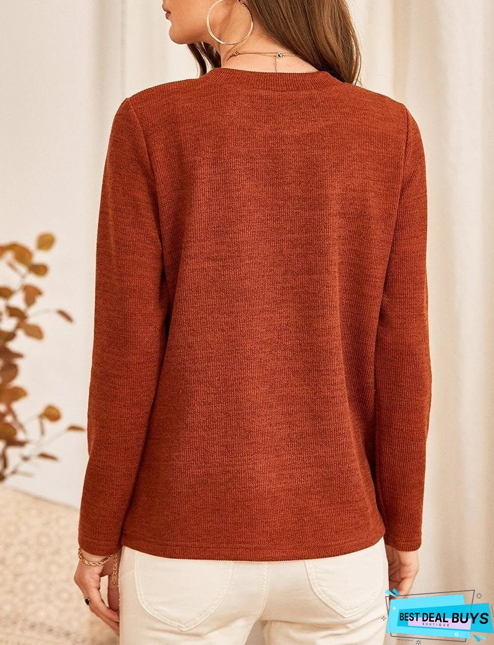 Pure Color Knitted Button Decoration Casual Round Neck Long-Sleeved Pullover