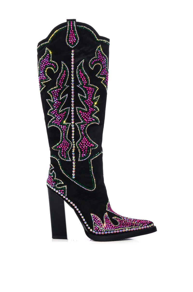 Cowboy Cowgirls Women's Embroidered Western Knee High Boots Crystal Chunky Denim Square Heel Shoes