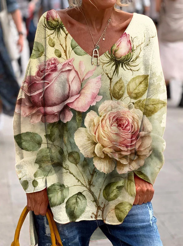 Retro Chic Rose Print V-neck Long-sleeved Top
