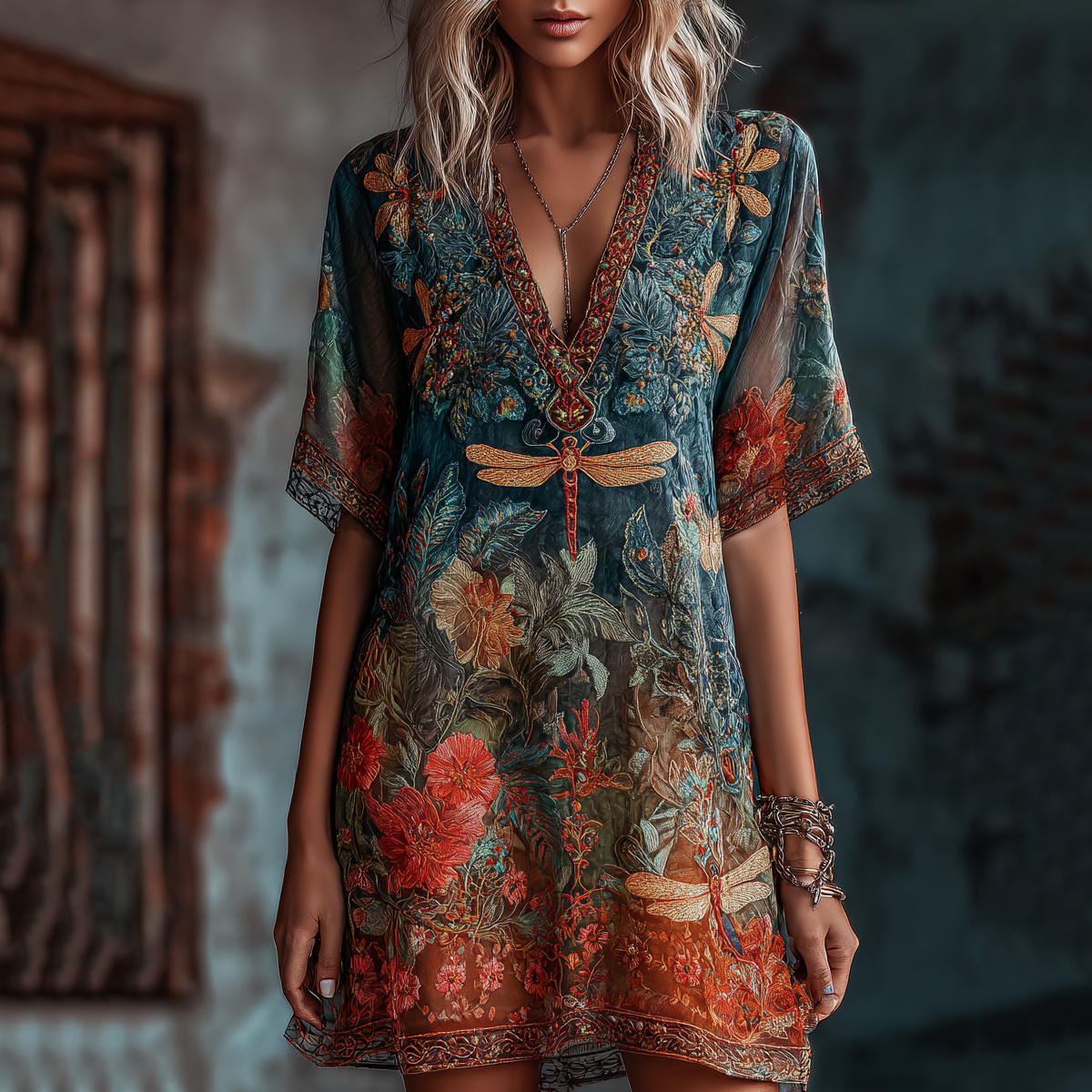 Women's Vintage Dragonfly And Floral Art Print V Neck Linen Blend Short Sleeve Dress elevenforest