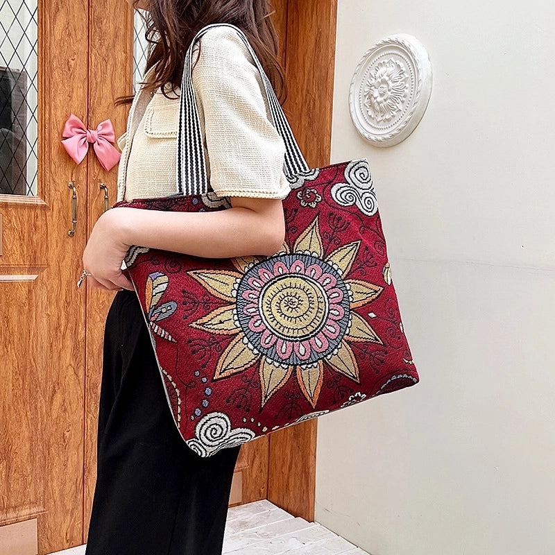 Women’s Medium Canvas Geometric Vacation Ethnic Style Zipper Canvas Bag