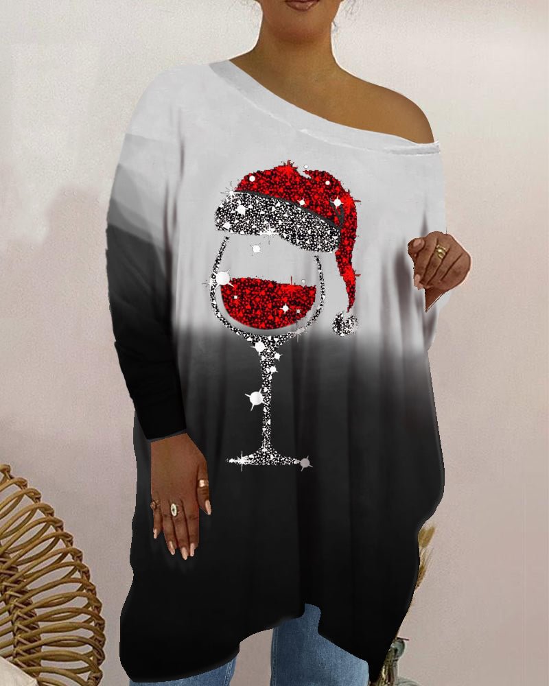 Fashion oblique shoulder red wine glass gradient color loose long-sleeved top