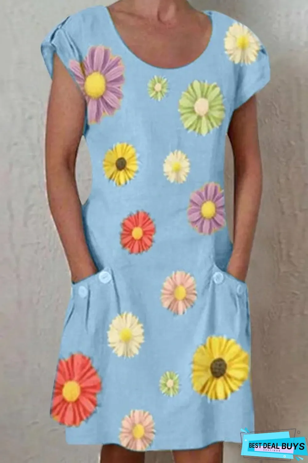 Daisy Print Paneled Short Sleeves Pockets Casual Midi Dress