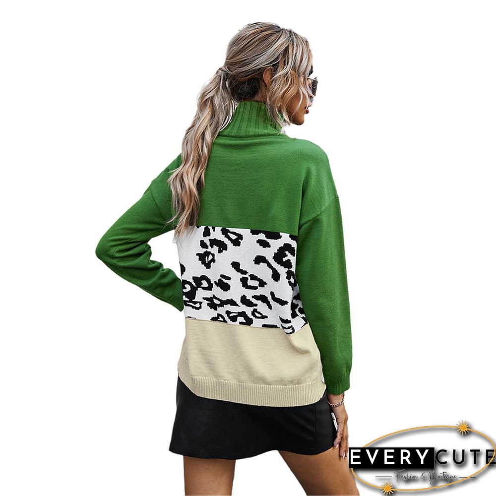 Green Colorblock Splice Leopard High Neck Sweater