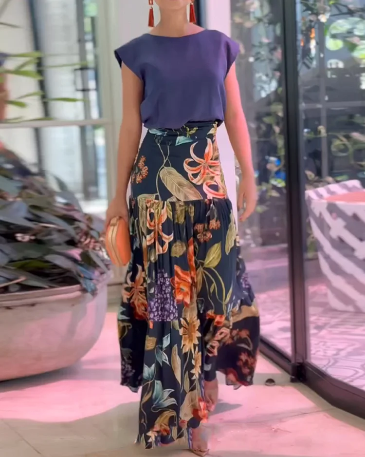 Sleeveless printed casual two-piece suit