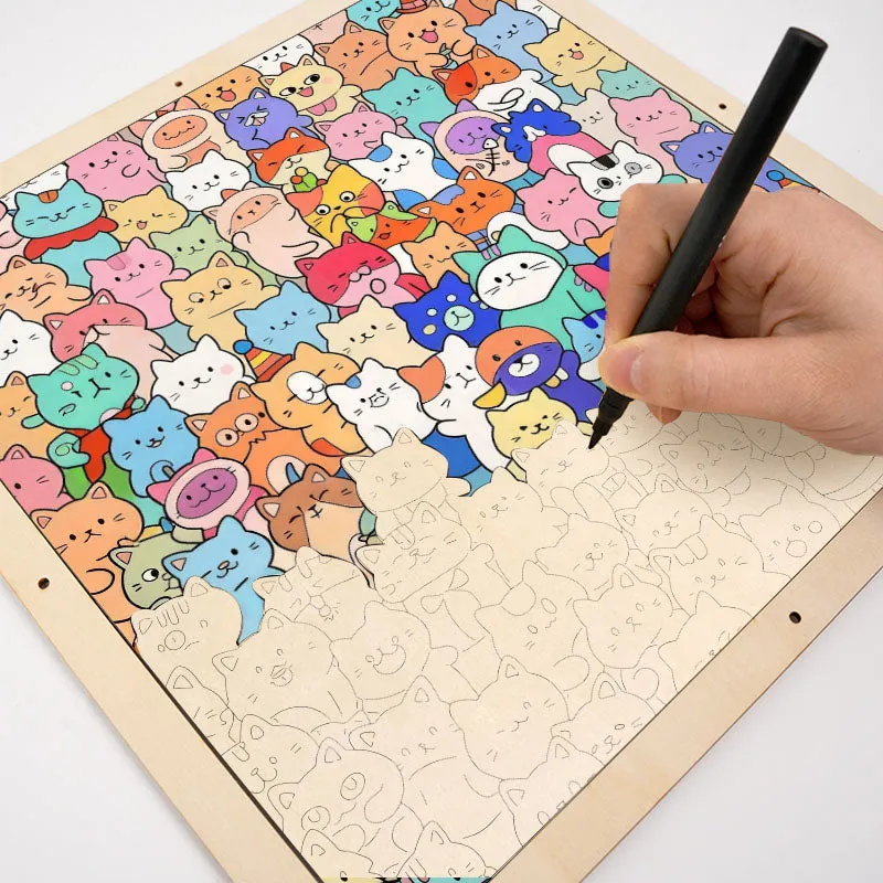 A hand coloring the wooden puzzle
