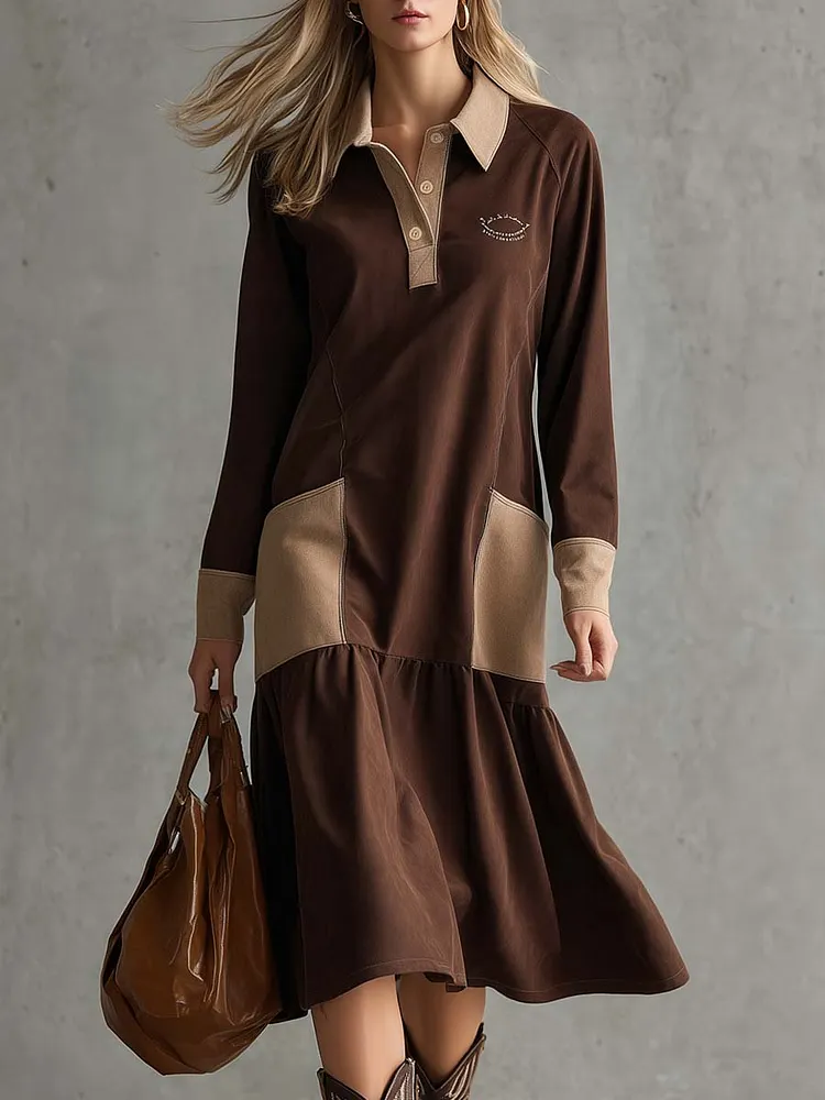 Retro Fashion Sporty Beige Polo Collar Puff Hem Brown Faux Suede Midi Dress