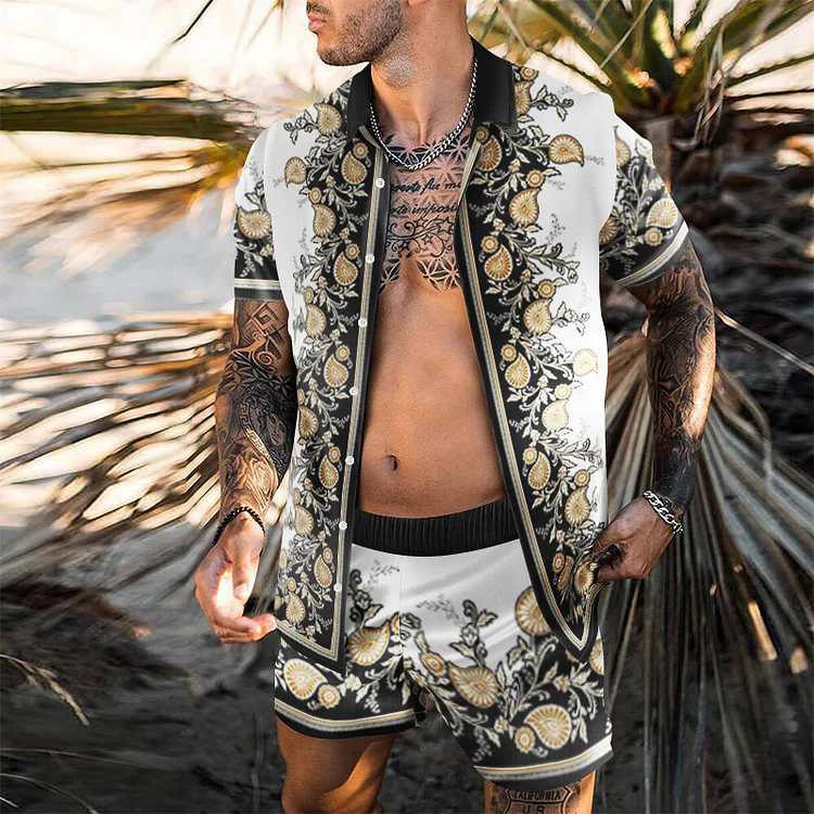 Men Hawaiian Style Royal White Print Swimwear Two-Piece Swimsuits