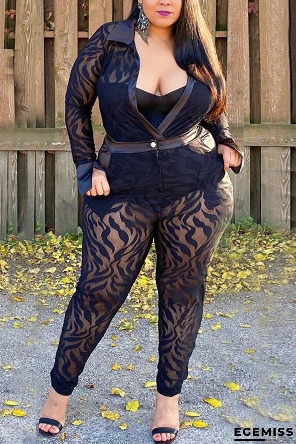 Black Fashion Sexy Solid Patchwork See-through Turndown Collar Plus Size Set | EGEMISS