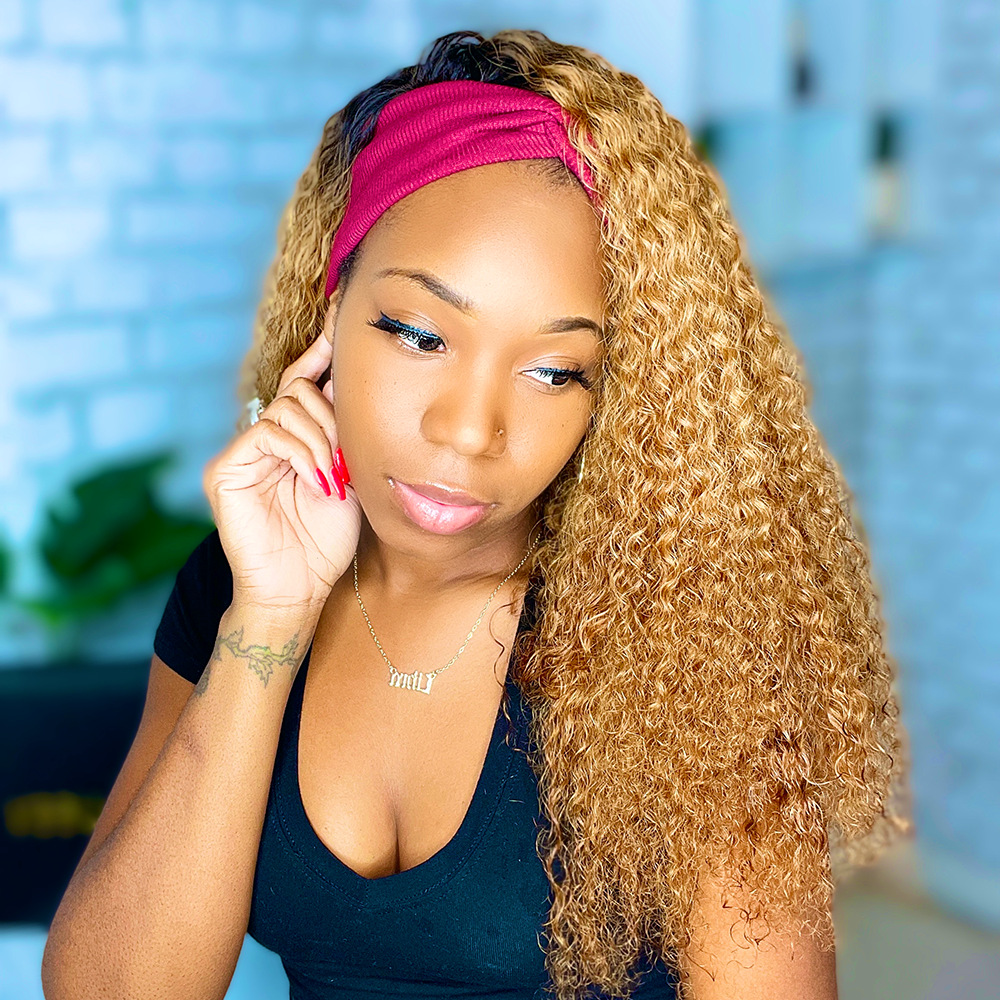 WEQUEEN Curly Headband Wig Ombre Brown Quick Install