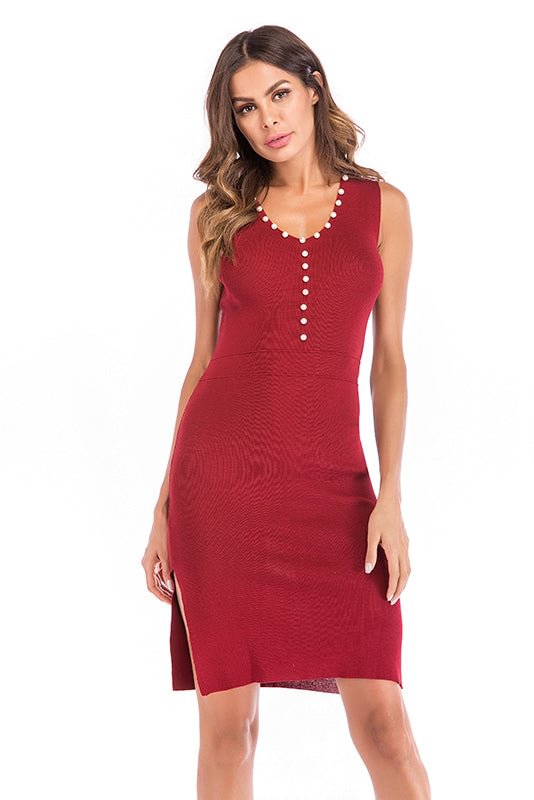 V Neck Slit Beaded Knit Fitted Dress - Life is Beautiful for You - SheChoic