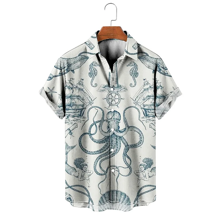 BrosWear Vintage Navy Print Hawaiian Shirt