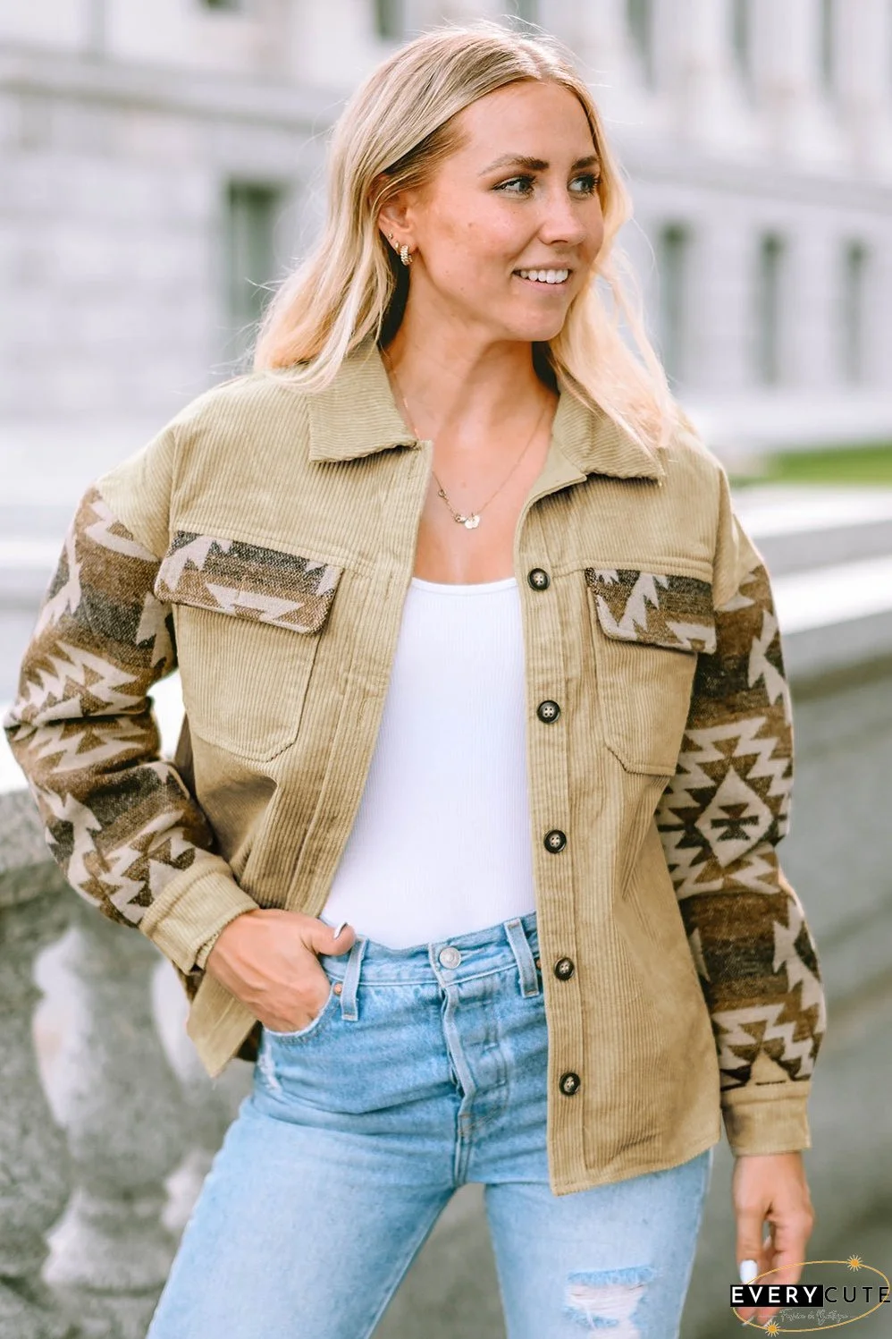 Khaki Aztec Print Patchwork Frayed Edge Corduroy Jacket