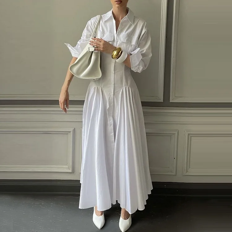 Turndown Collar Long Sleeve Button Up Shirt Maxi Dress