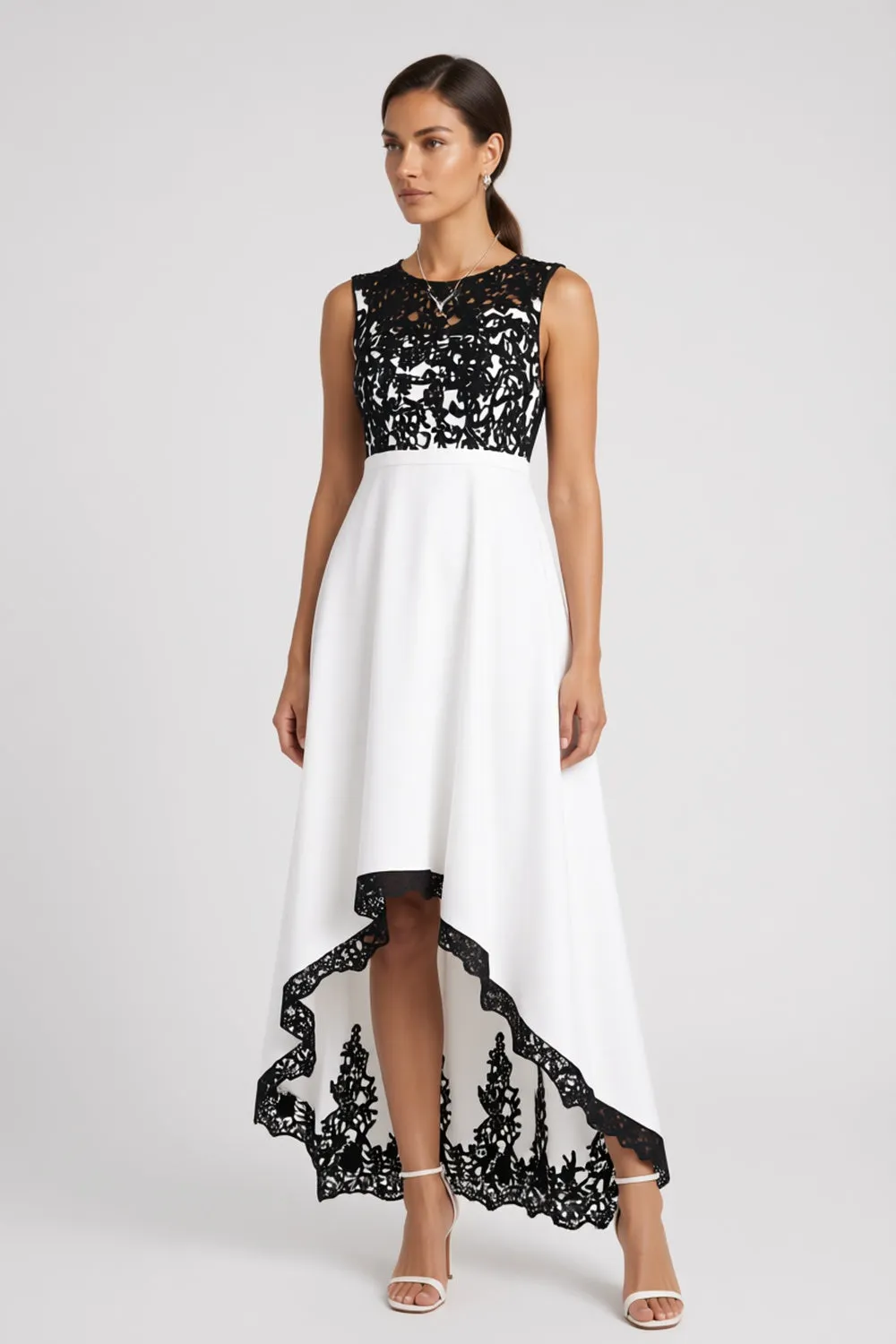 high low dresses black and white Floral Lace A-line High-low Evening Dress Sleeveless Round Maxi dress Size:US 18P BATCH_2026-1-8-ES Xhilaration Black Lace Embroidered Invisible zip closure