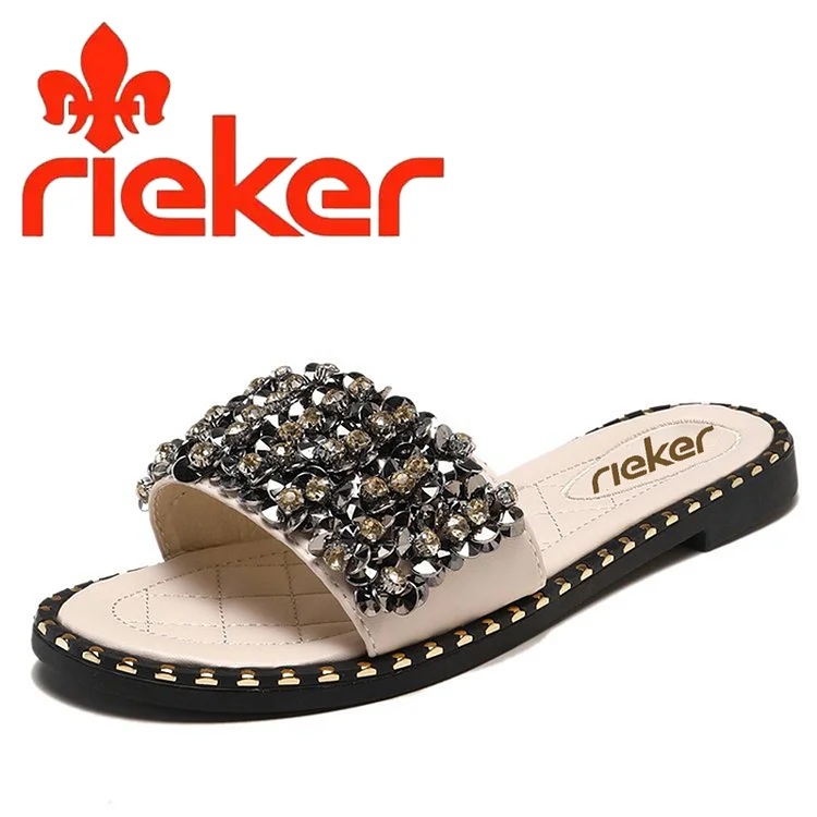 2024-ES RIEKER® NŐI KEREK ORRÚ FLITTERES SZANDÁL ÉS PAPUCS, KÉNYELMES, LAPOS BŐR