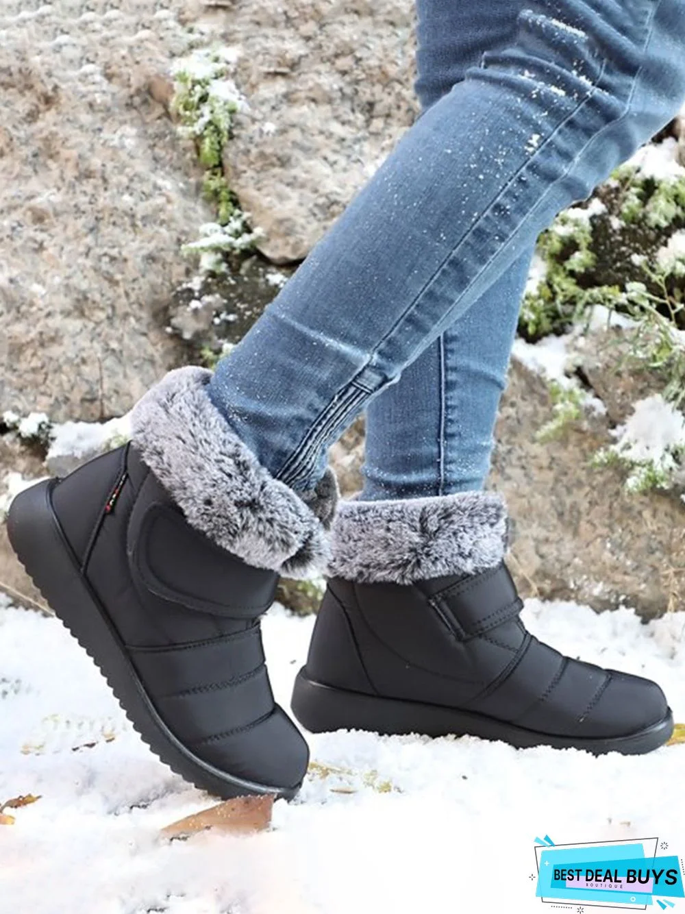 Faux Fur Cuff Snow Boots with Hook and Loop