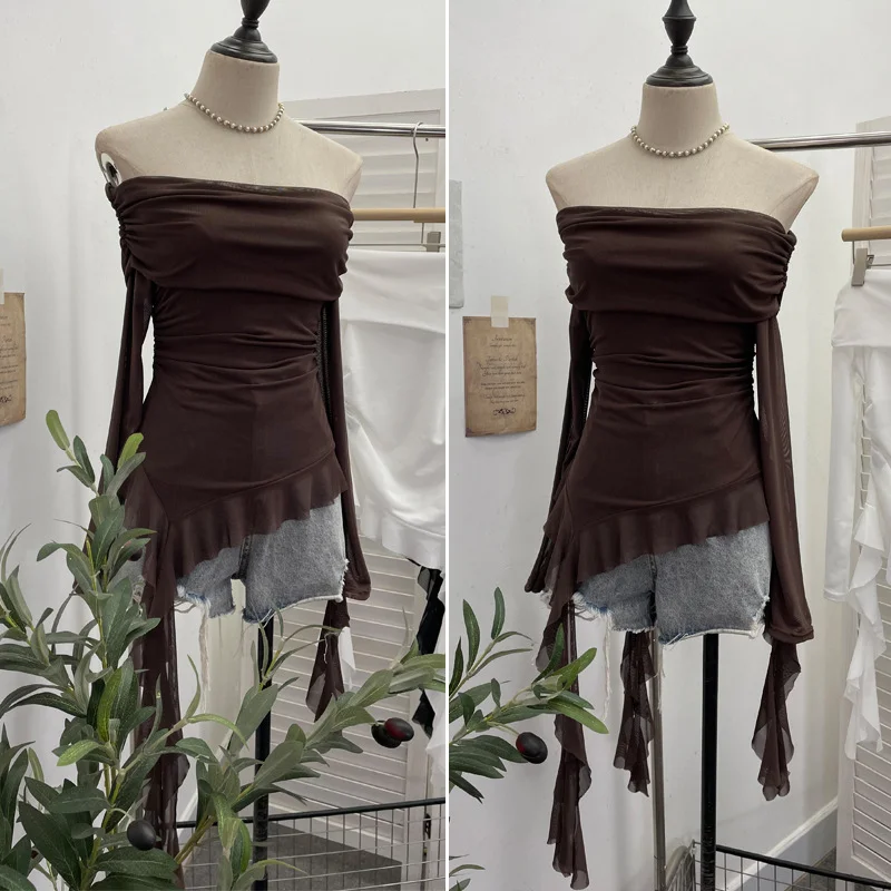 Nigikala Nigikala Shot A Word Shoulder Folded Top Girl Spring And Summer Side-Sleeve Strap Design French Long-Sleeved Mesh T-Shirt 9275