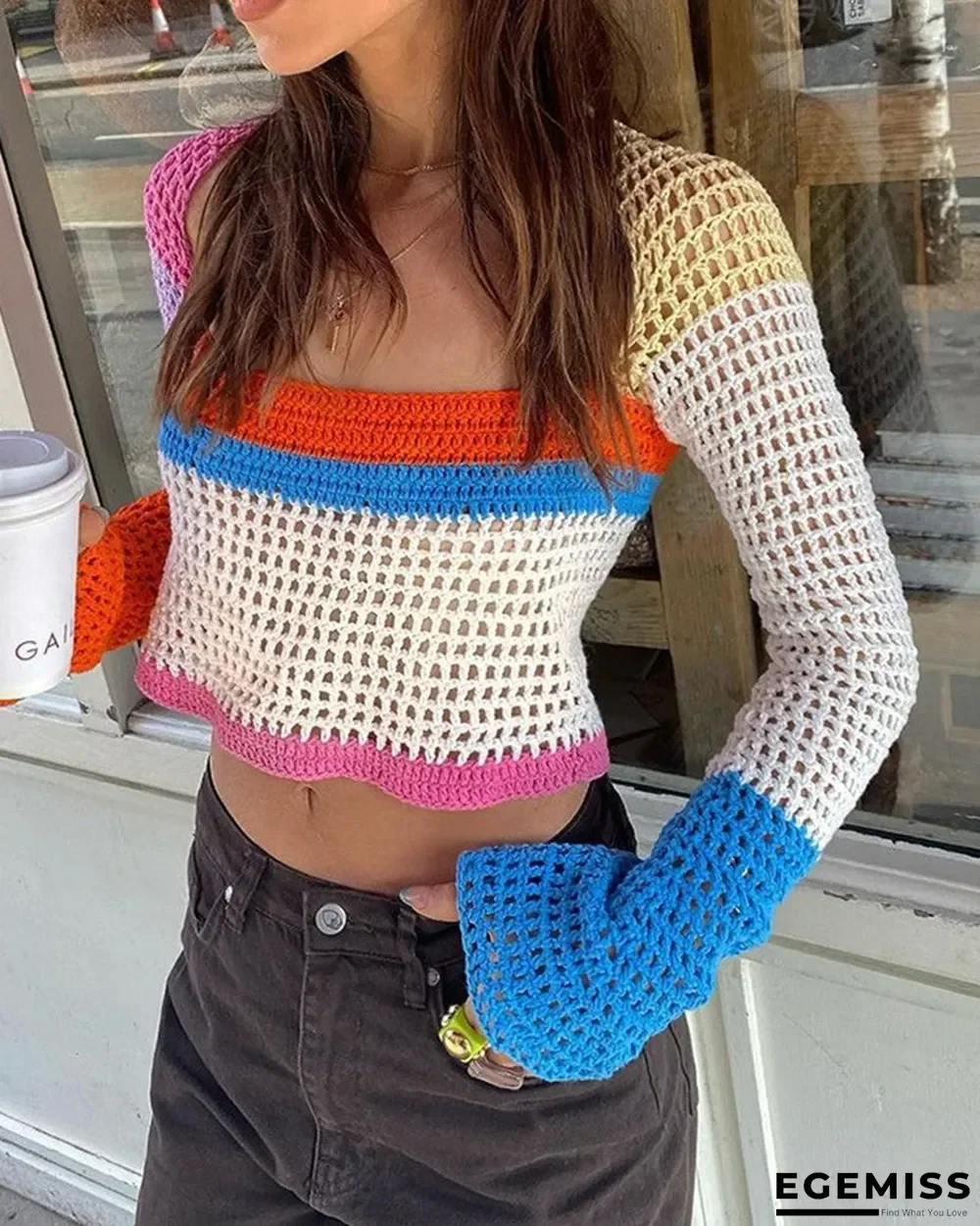 Colorblock Square Neck Open Knit Crop Sweater | EGEMISS