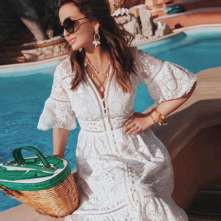 Luditu Midi Dress, Sundress, Lace Charlotte  in White