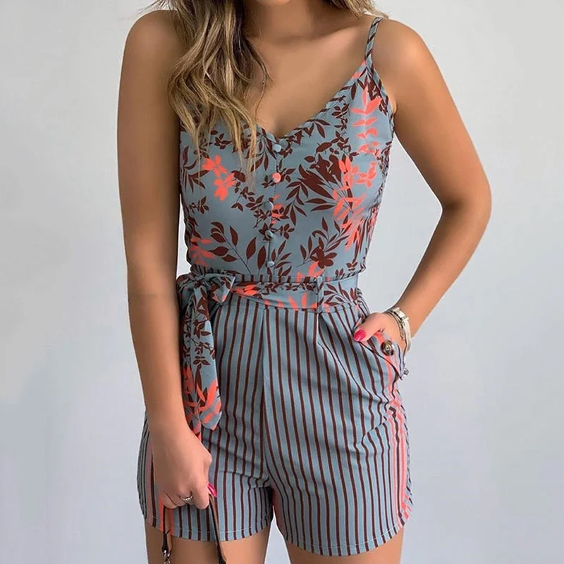 Women Summer Print Jumpsuit With Belt Sleeveless Beach Rompers Bodycon Slim Strap Bodysuit Wide Leg Overalls Playsuit Clothing