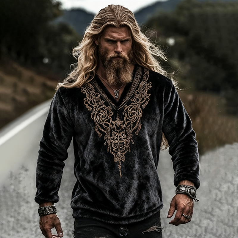 Men's Viking Celtic Pattern Art Flannel Cozy Warm V Neck Sweatshirt elevenforest