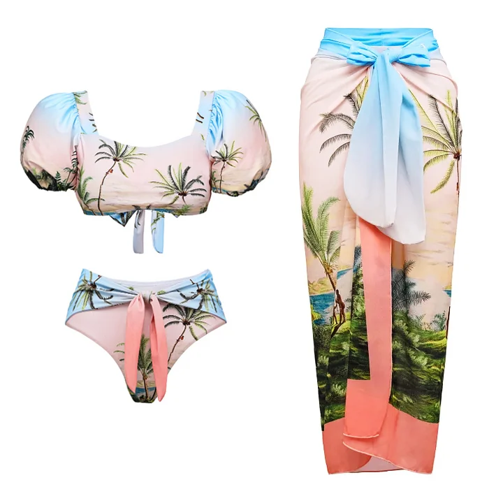 Flaxmaker Puff Sleeve Printed Bikini Swimsuit and Sarong