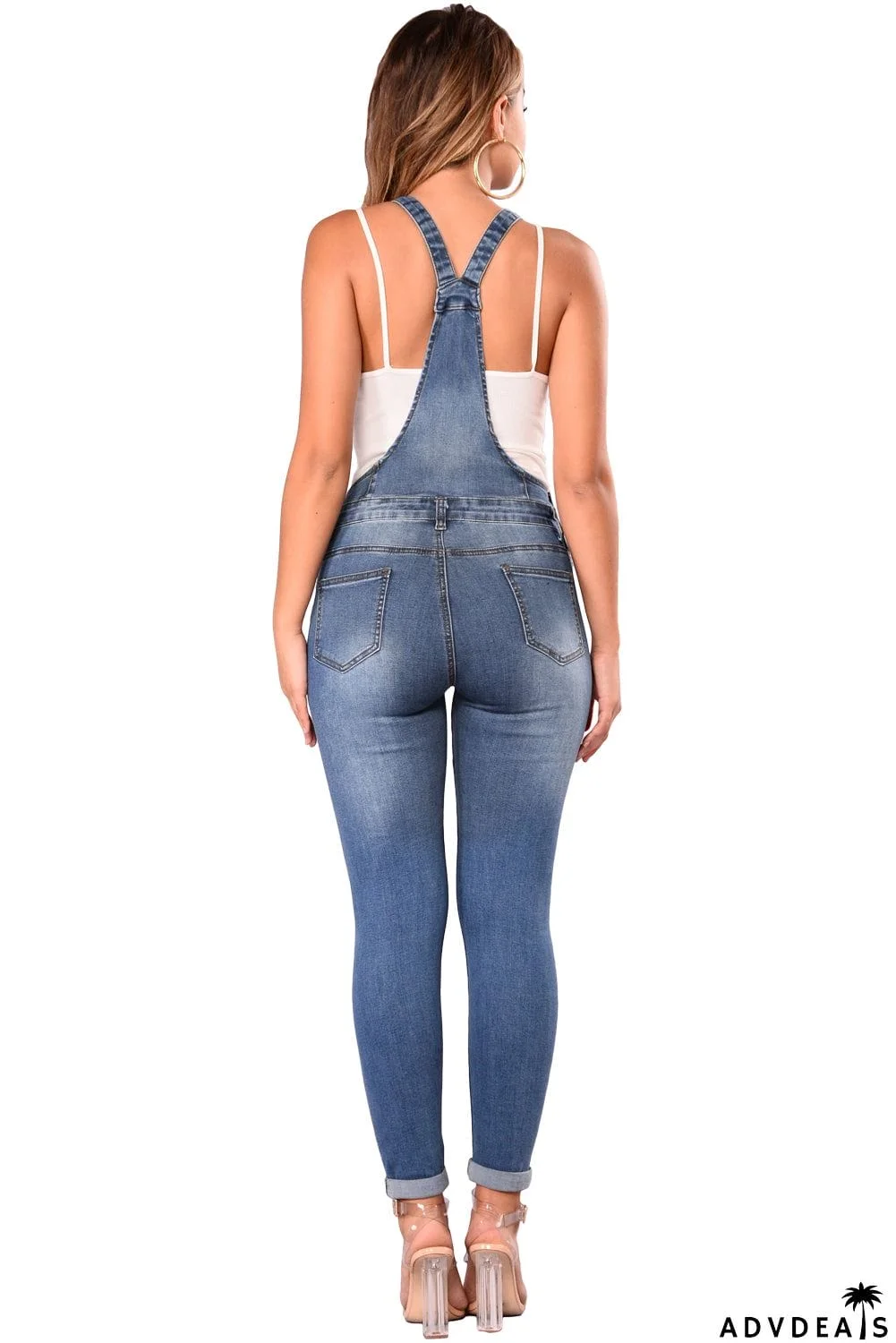 Light Blue Wash Knee Slit Denim Overalls